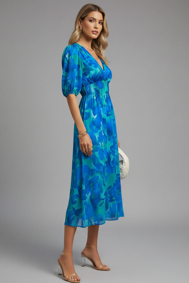 Women's Floral Midi Dress – Puff Sleeve Dress