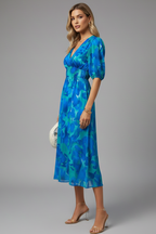 Women's Floral Midi Dress – Puff Sleeve Dress