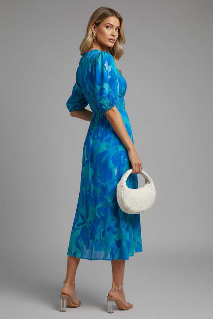 Women's Floral Midi Dress – Puff Sleeve Dress