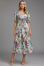 Women's Floral Midi Dress – Puff Sleeve Dress