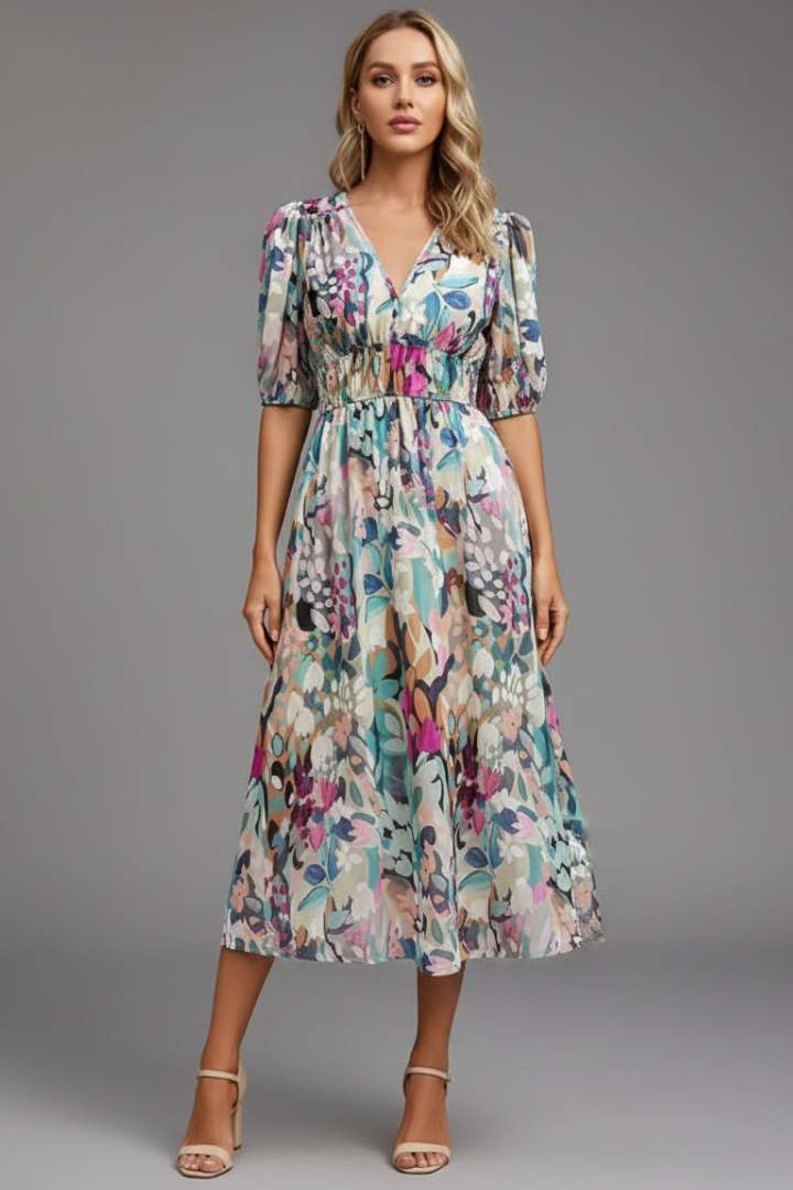 Women's Floral Midi Dress – Puff Sleeve Dress