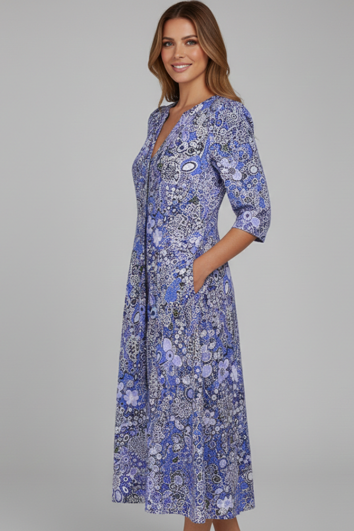 Women's Printed Midi Dress – V-Neck Casual Dress