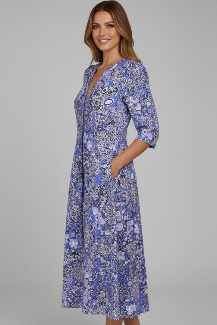 Women's Printed Midi Dress – V-Neck Casual Dress