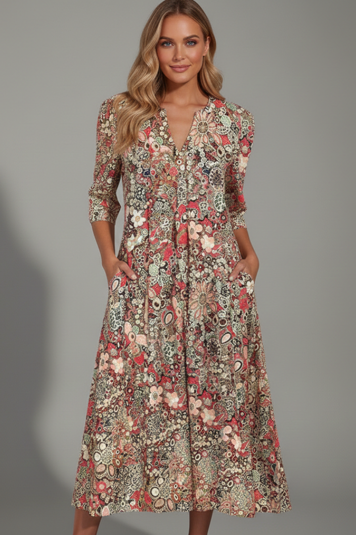 Women's Printed Midi Dress – V-Neck Casual Dress