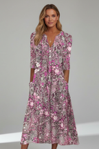 Women's Printed Midi Dress – V-Neck Casual Dress