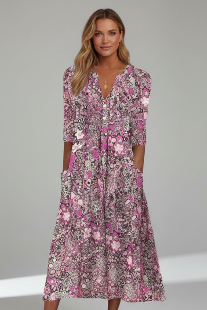 Women's Printed Midi Dress – V-Neck Casual Dress