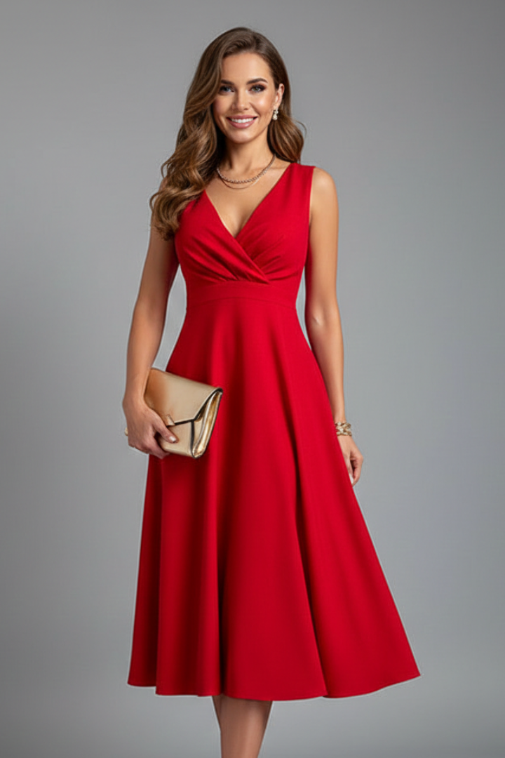 Women's Sleeveless Midi Dress – V-Neck A-Line Dress
