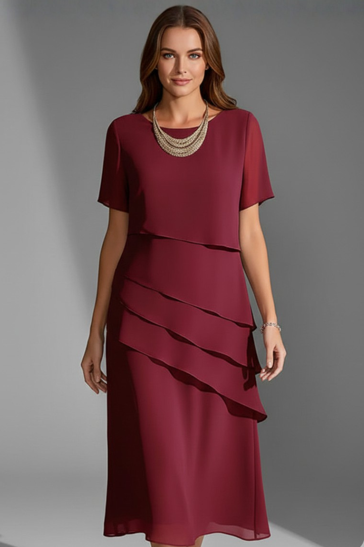 Women's Layered Short Sleeve Dress – Casual Knee-Length Dress