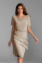 Women's Layered Short Sleeve Dress – Casual Knee-Length Dress