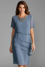 Women's Layered Short Sleeve Dress – Casual Knee-Length Dress