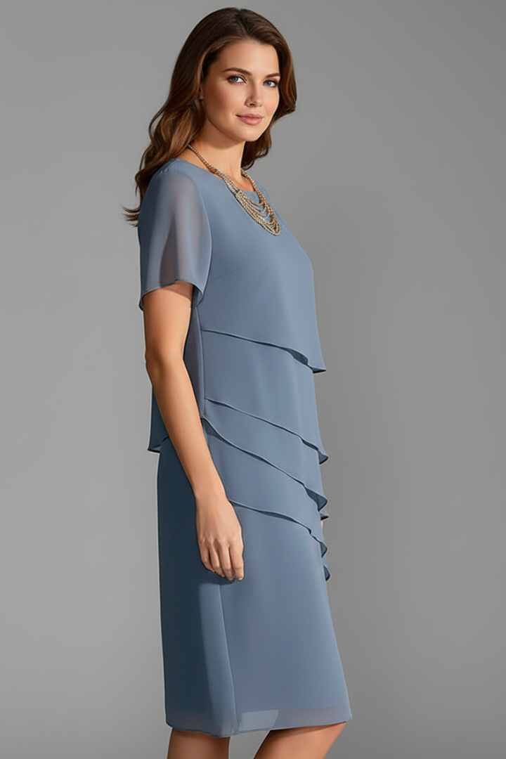 Women's Layered Short Sleeve Dress – Casual Knee-Length Dress
