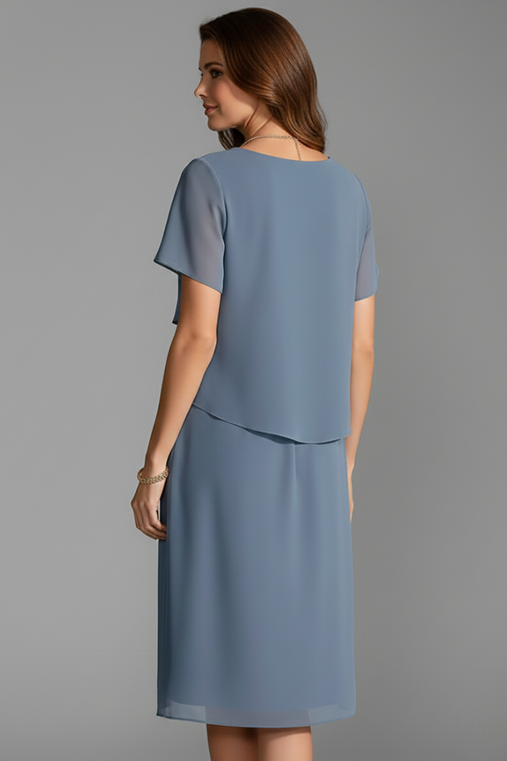 Women's Layered Short Sleeve Dress – Casual Knee-Length Dress