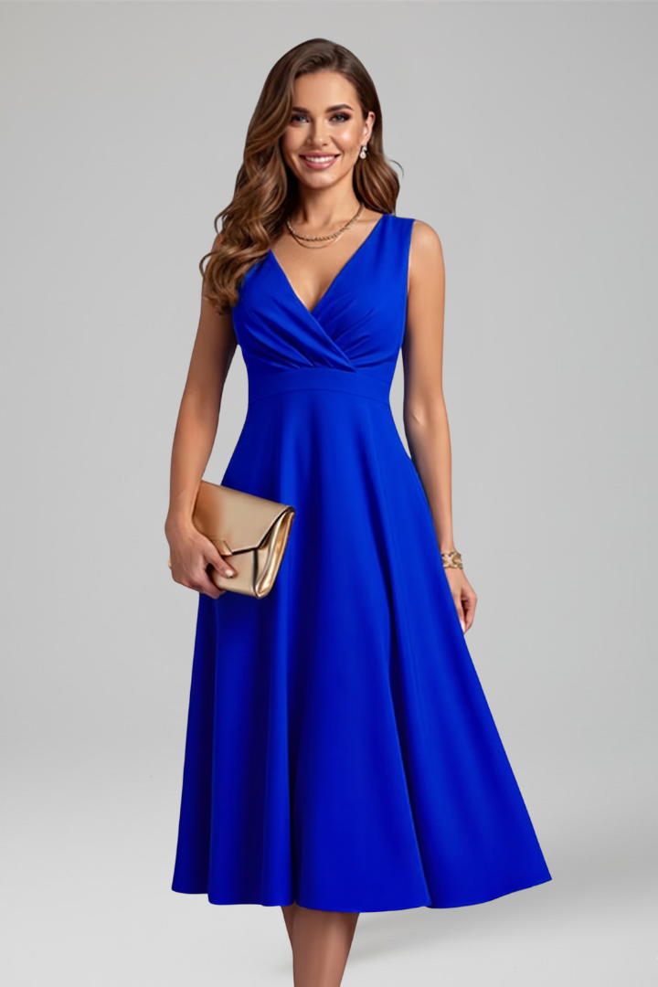 Women's Sleeveless Midi Dress – V-Neck A-Line Dress