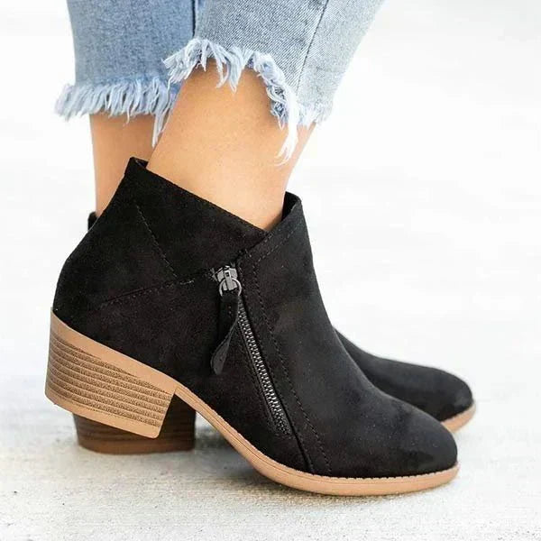 Women’s Classic Ankle Boots – Side Zip Low Heel Style - Mona