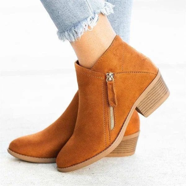 Women’s Classic Ankle Boots – Side Zip Low Heel Style - Mona