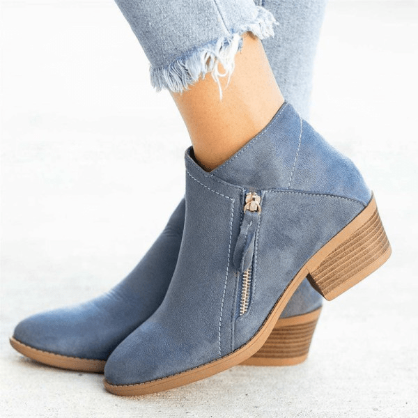 Women’s Classic Ankle Boots – Side Zip Low Heel Style - Mona
