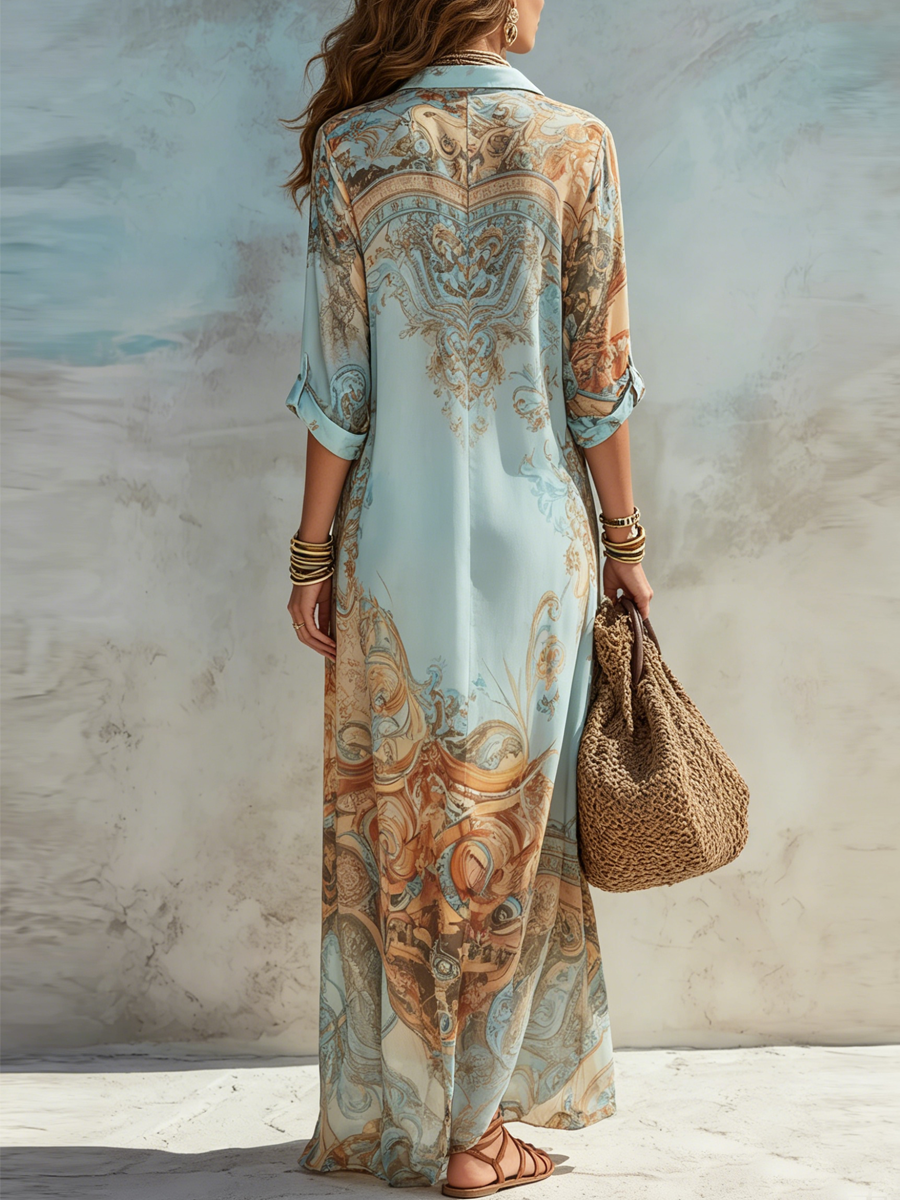 Women's Printed Maxi Shirt Dress – Relaxed Flowy Resort Dress