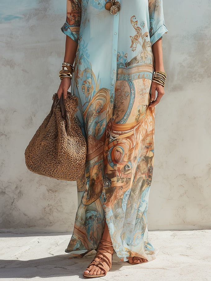Women's Printed Maxi Shirt Dress – Relaxed Flowy Resort Dress