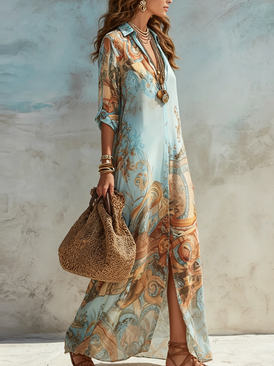 Women's Printed Maxi Shirt Dress – Relaxed Flowy Resort Dress