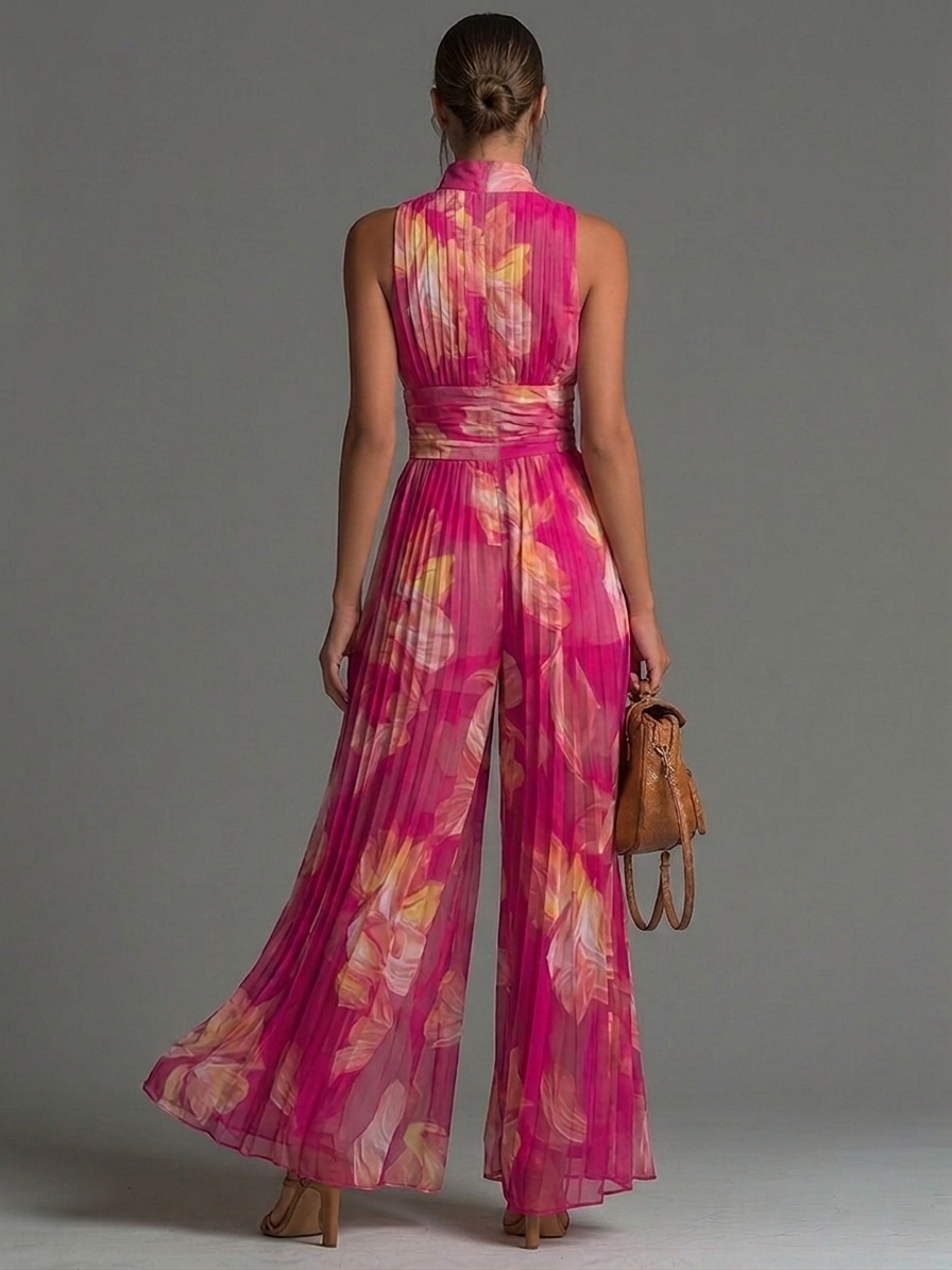 Women's Floral V-Neck Jumpsuit – Wide Leg Summer Occasion Jumpsuit