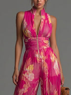 Women's Floral V-Neck Jumpsuit – Wide Leg Summer Occasion Jumpsuit