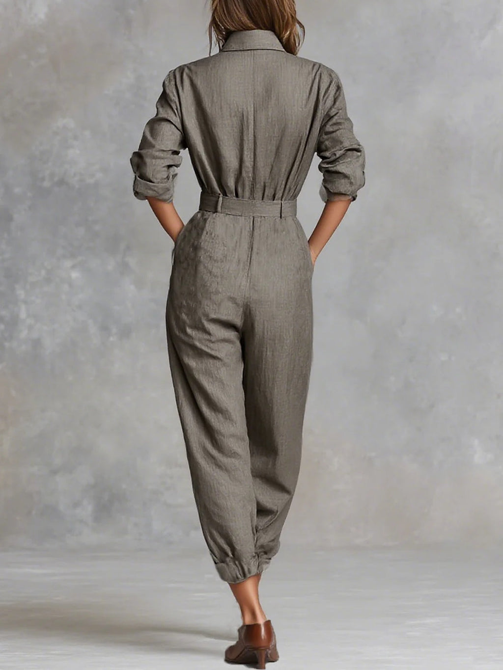 Women's Long Sleeve Utility Jumpsuit – Collared Button Front Casual Jumpsuit