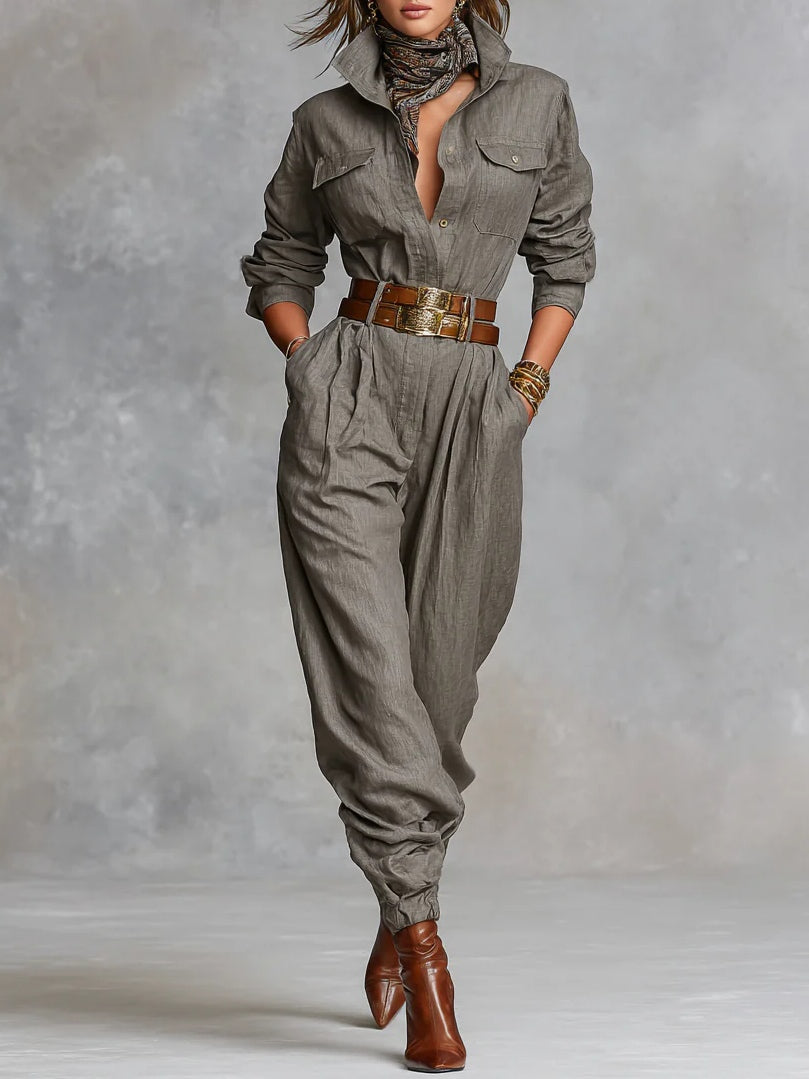 Women's Long Sleeve Utility Jumpsuit – Collared Button Front Casual Jumpsuit