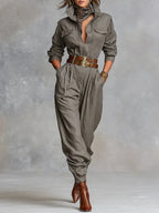 Women's Long Sleeve Utility Jumpsuit – Collared Button Front Casual Jumpsuit