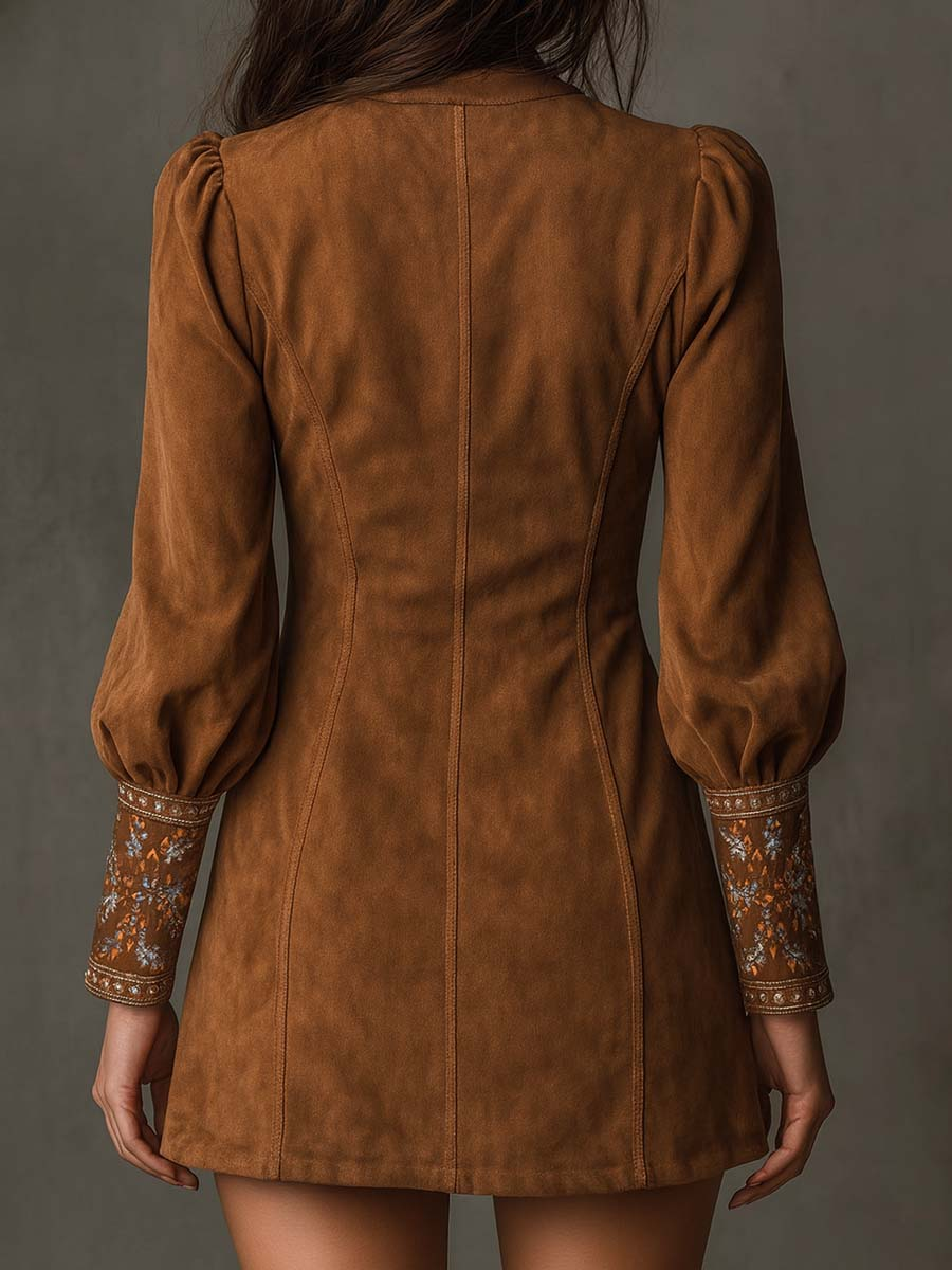 Women's Suede Touch Mini Dress – Embroidered V-Neck Dress