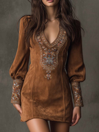 Women's Suede Touch Mini Dress – Embroidered V-Neck Dress