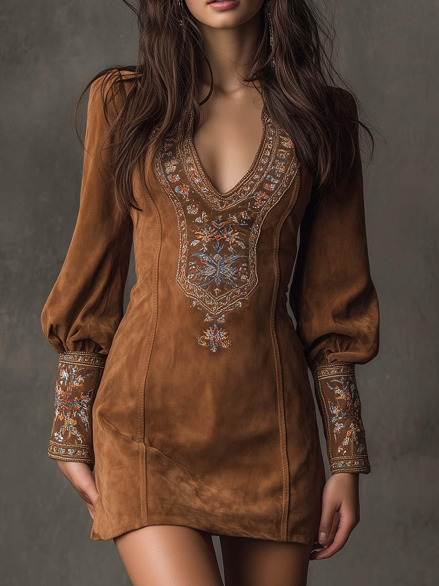 Women's Suede Touch Mini Dress – Embroidered V-Neck Dress