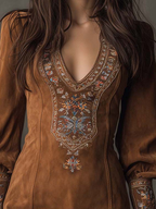 Women's Suede Touch Mini Dress – Embroidered V-Neck Dress
