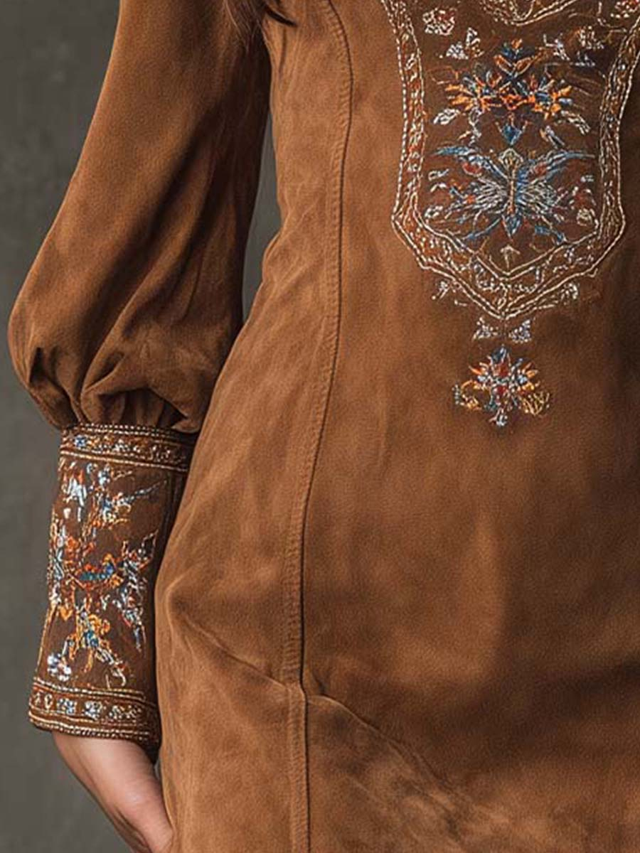 Women's Suede Touch Mini Dress – Embroidered V-Neck Dress