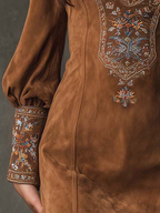 Women's Suede Touch Mini Dress – Embroidered V-Neck Dress