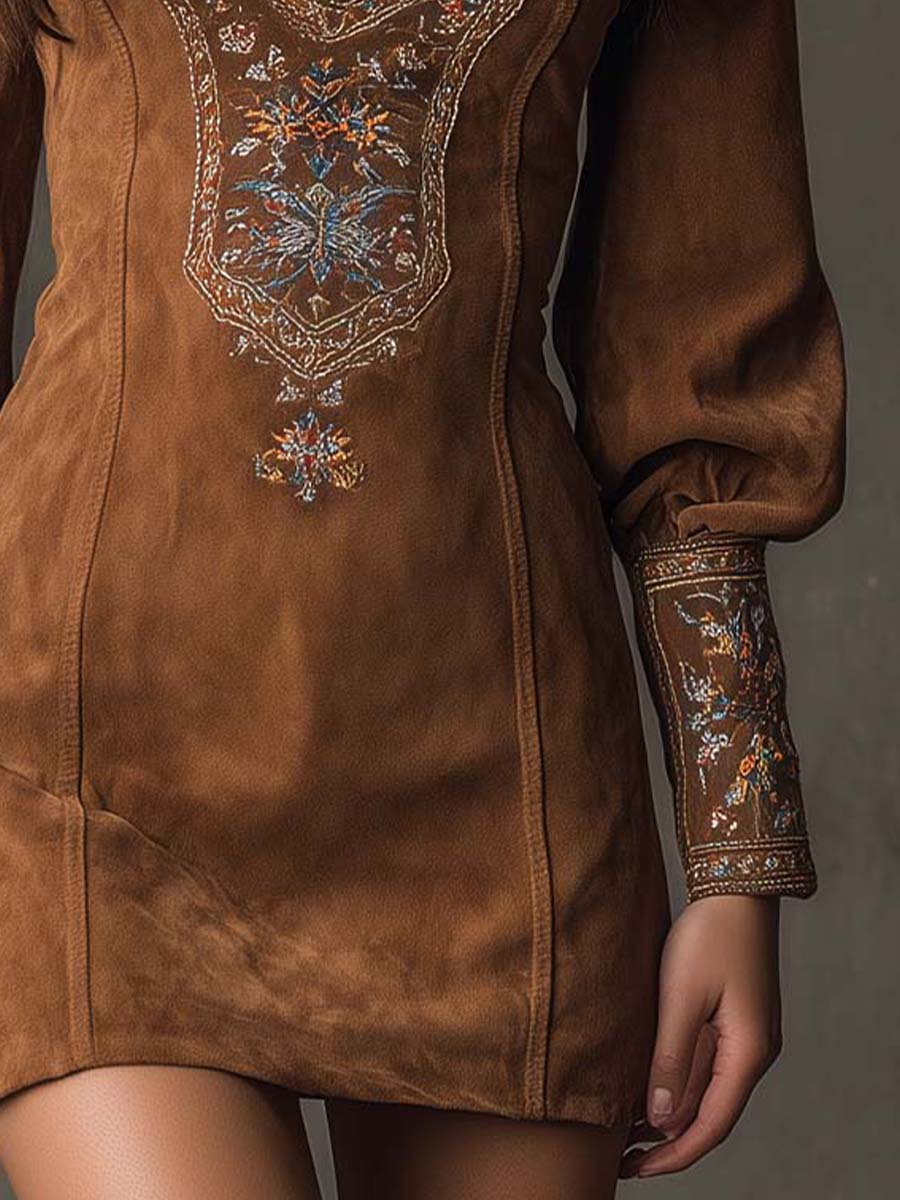 Women's Suede Touch Mini Dress – Embroidered V-Neck Dress