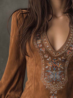Women's Suede Touch Mini Dress – Embroidered V-Neck Dress