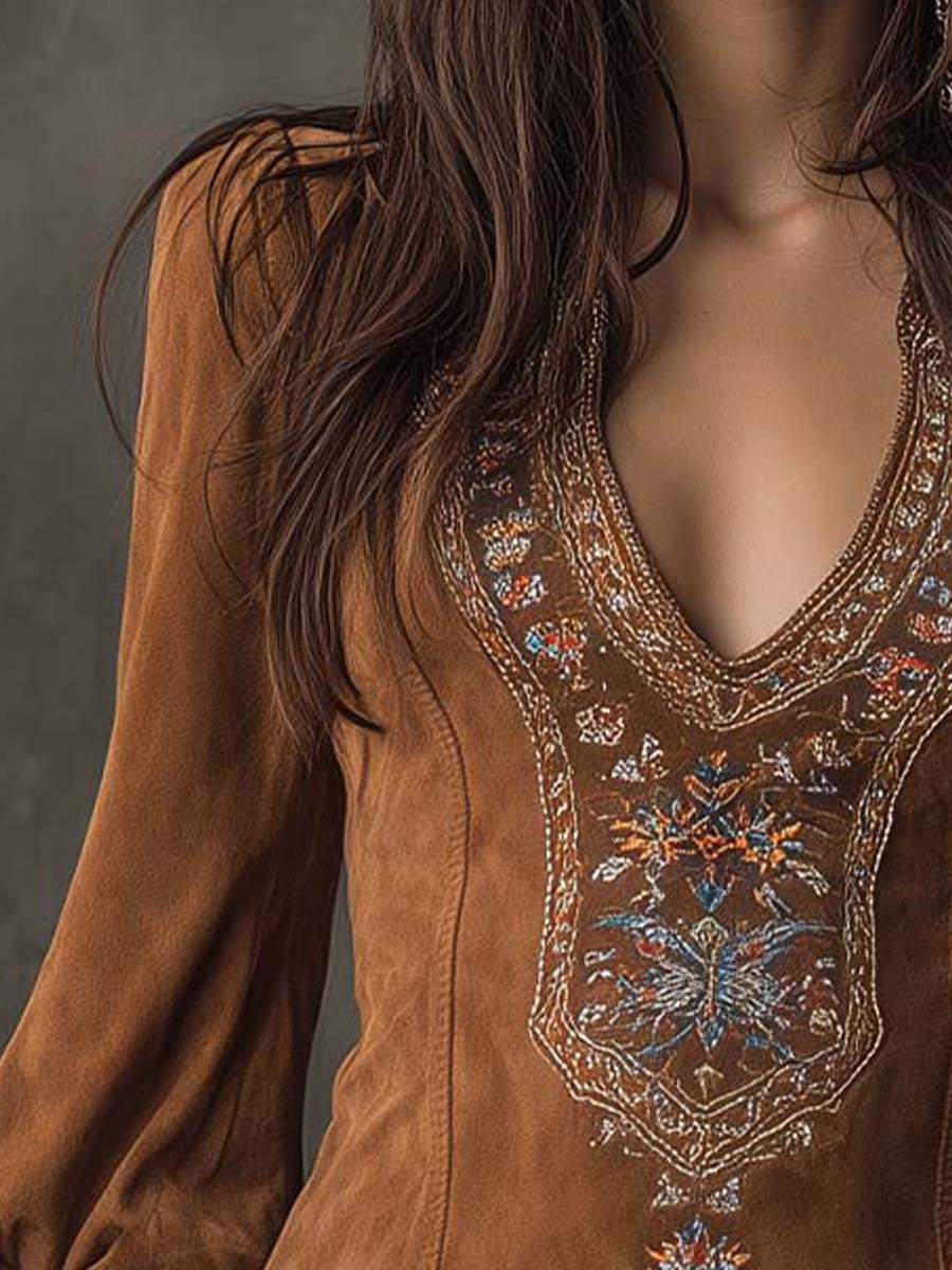 Women's Suede Touch Mini Dress – Embroidered V-Neck Dress