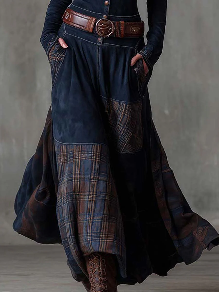 Women's Faux Suede Maxi Dress – Plaid Panel Dress