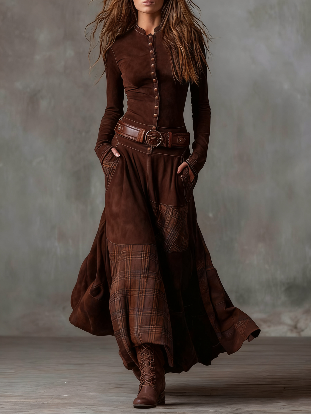 Women's Faux Suede Maxi Dress – Plaid Panel Dress