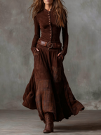 Women's Faux Suede Maxi Dress – Plaid Panel Dress