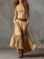 Women's Faux Suede Maxi Dress – Plaid Panel Dress