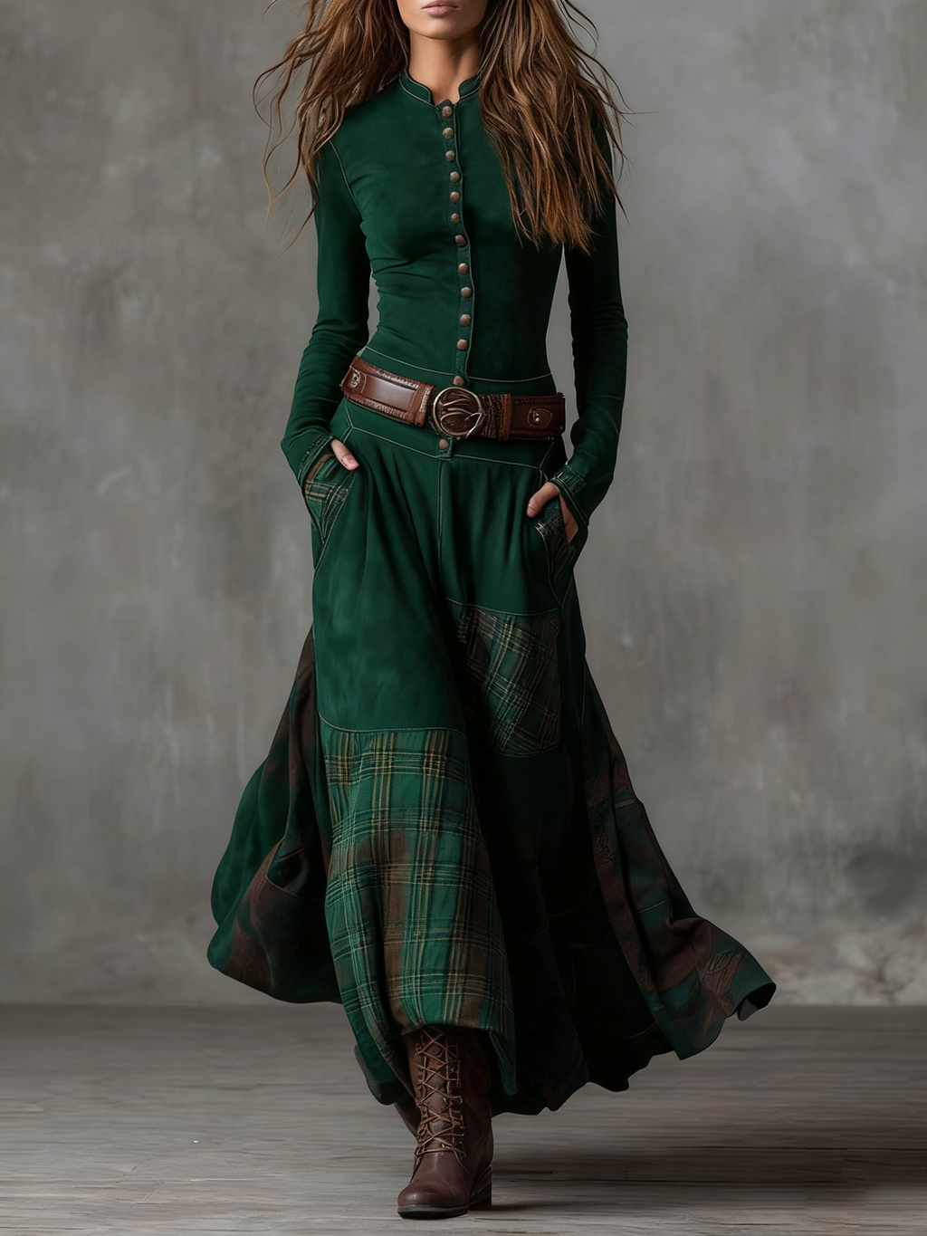 Women's Faux Suede Maxi Dress – Plaid Panel Dress