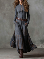 Women's Faux Suede Maxi Dress – Plaid Panel Dress