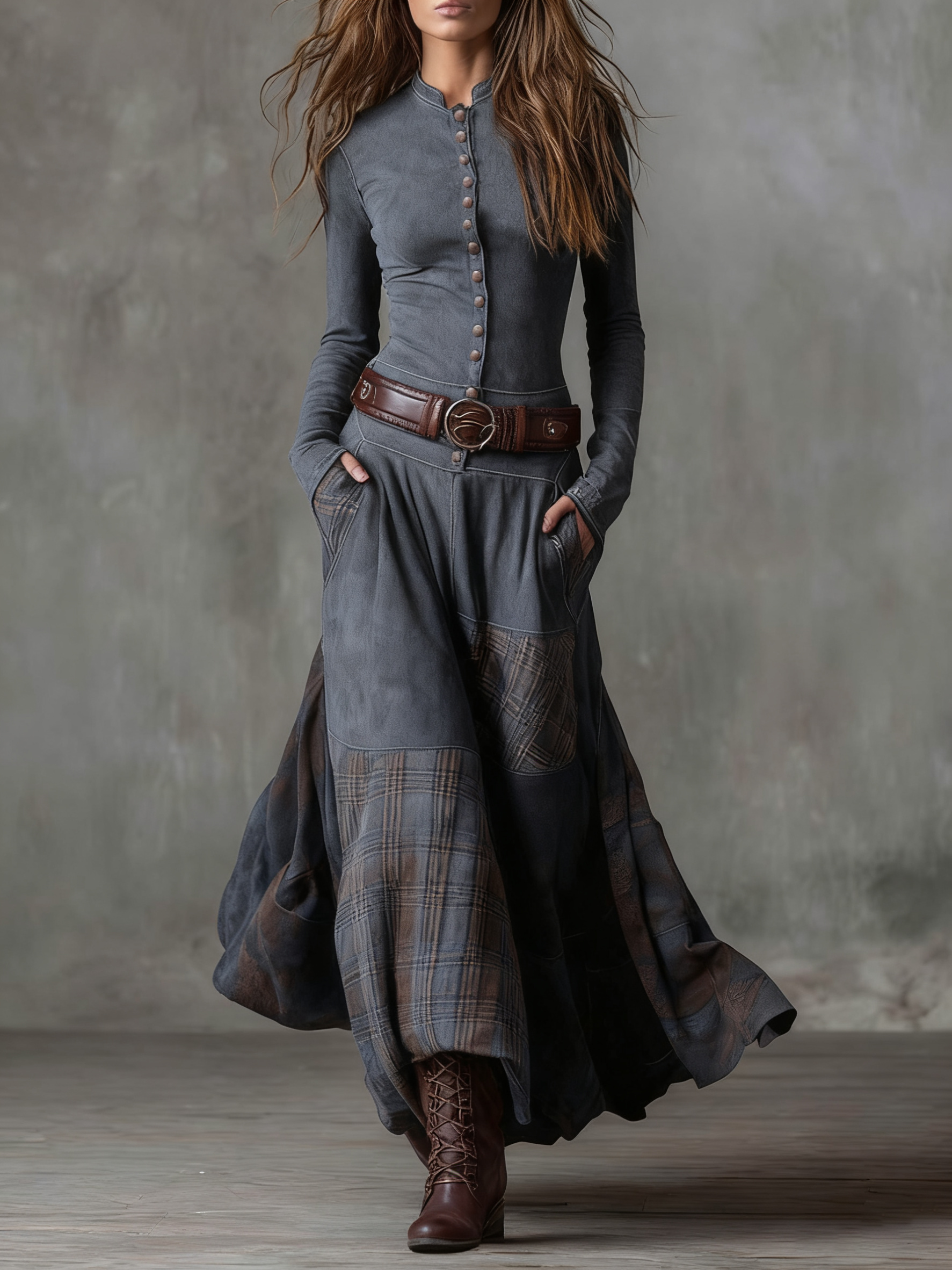 Women's Faux Suede Maxi Dress – Plaid Panel Dress