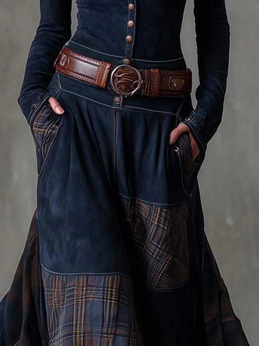 Women's Faux Suede Maxi Dress – Plaid Panel Dress