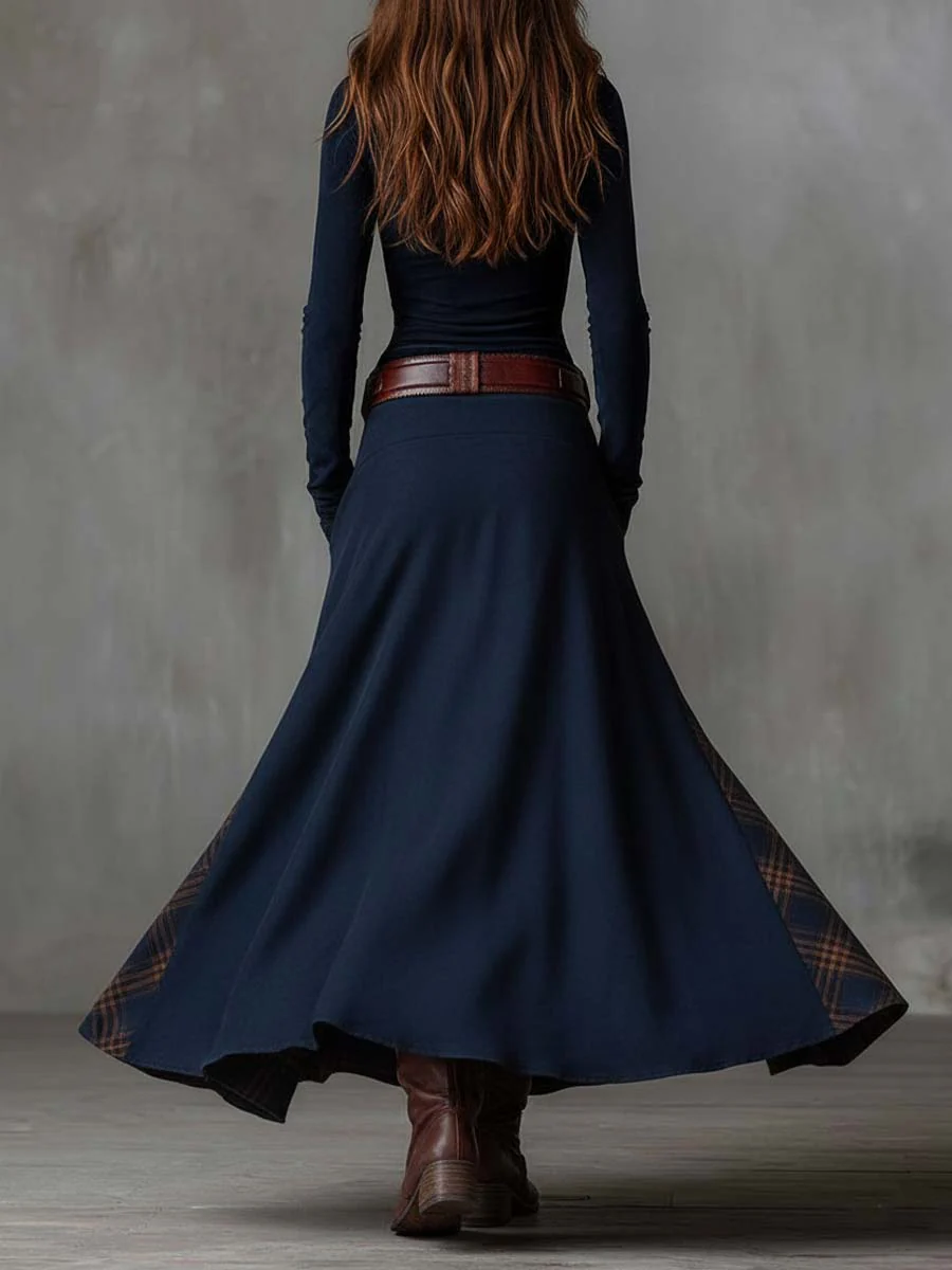 Women's Faux Suede Maxi Dress – Plaid Panel Dress