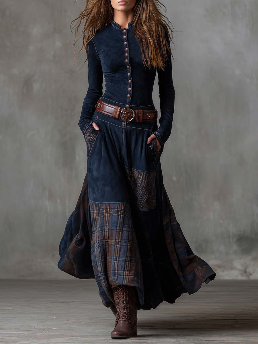 Women's Faux Suede Maxi Dress – Plaid Panel Dress