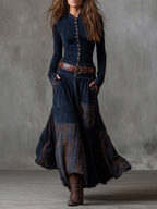 Women's Faux Suede Maxi Dress – Plaid Panel Dress