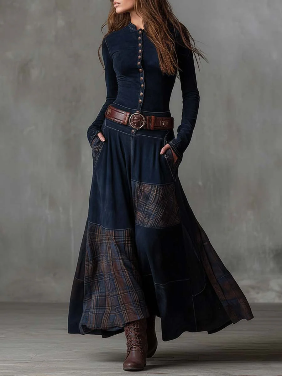 Women's Faux Suede Maxi Dress – Plaid Panel Dress