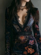 Women's Floral Velvet Mini Dress – V-Neck Party Dress